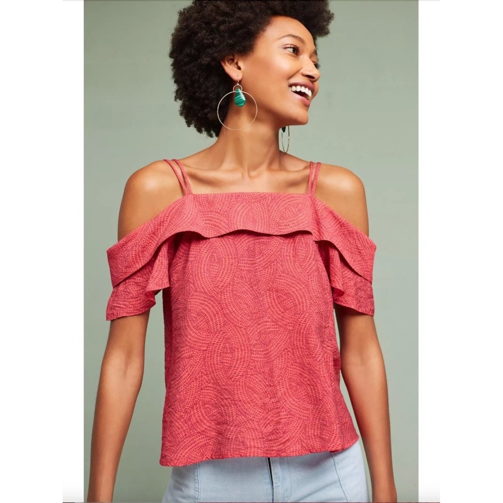 Maeve Top Women Extra Small Red Mandalay Cold Shoulder Ruffle Anthropologie